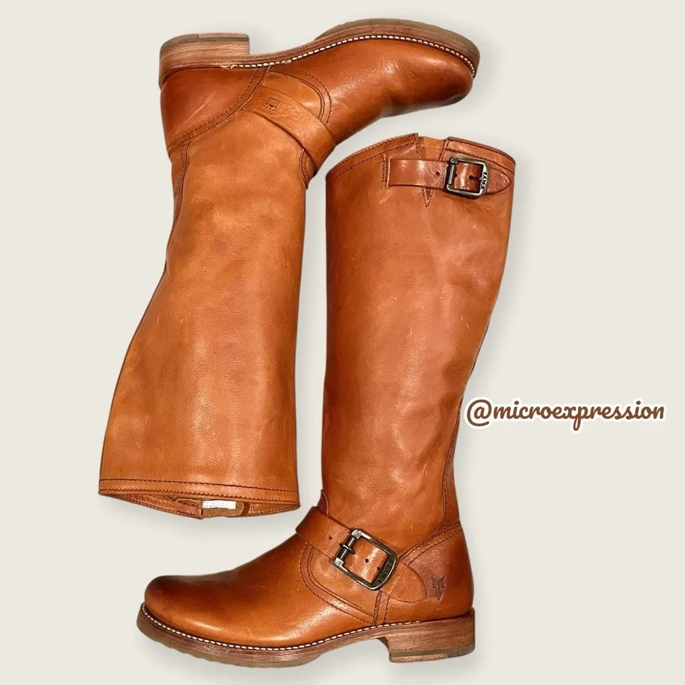 $399 Frye Veronica Slouch Cognac Brown Tan Leather Engineer Moto Tall BuckleBoot